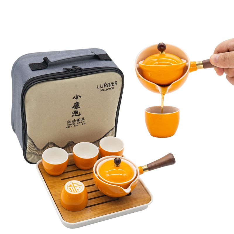 LURRIER Porcelain Chinese Gongfu Tea Set Portable Teapot Set with 360 Rotation Tea maker and Infuser Portable All in One Gift Bag for Travel Home Gifting Outdoor and Office(Orange) - Image 1